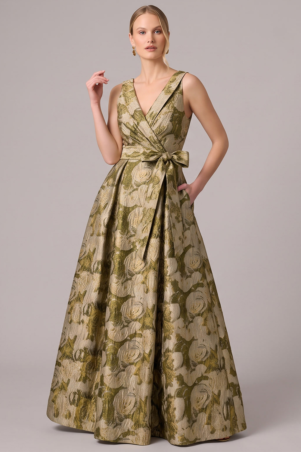 Gold A-Line V-Neck Floral Long Formal Dress with Bow