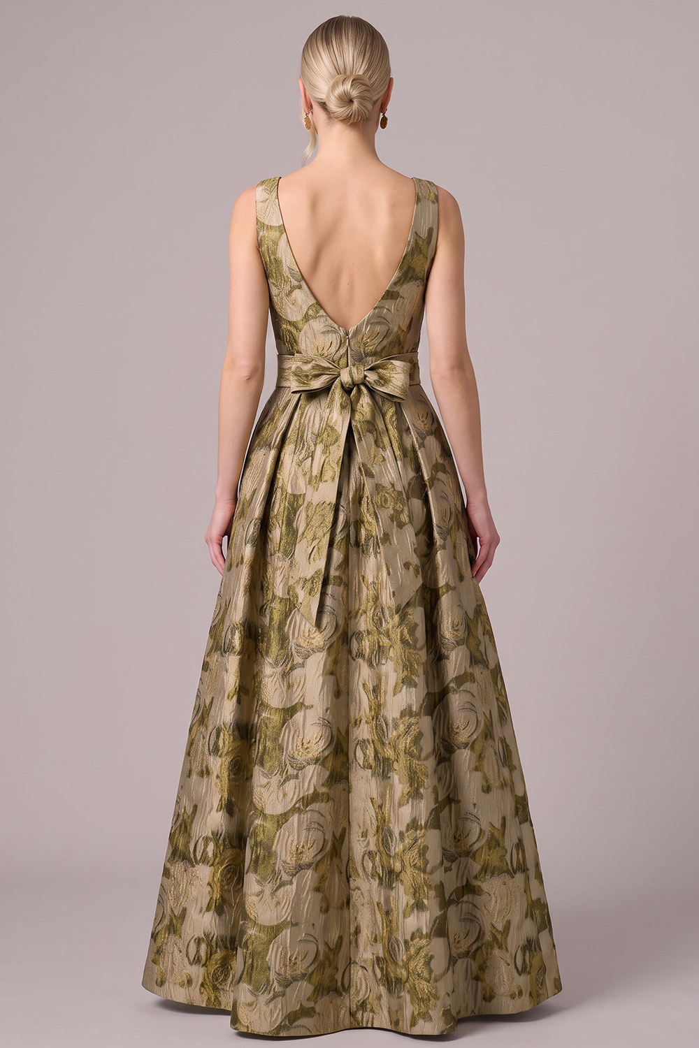 Gold A-Line V-Neck Floral Long Formal Dress with Bow