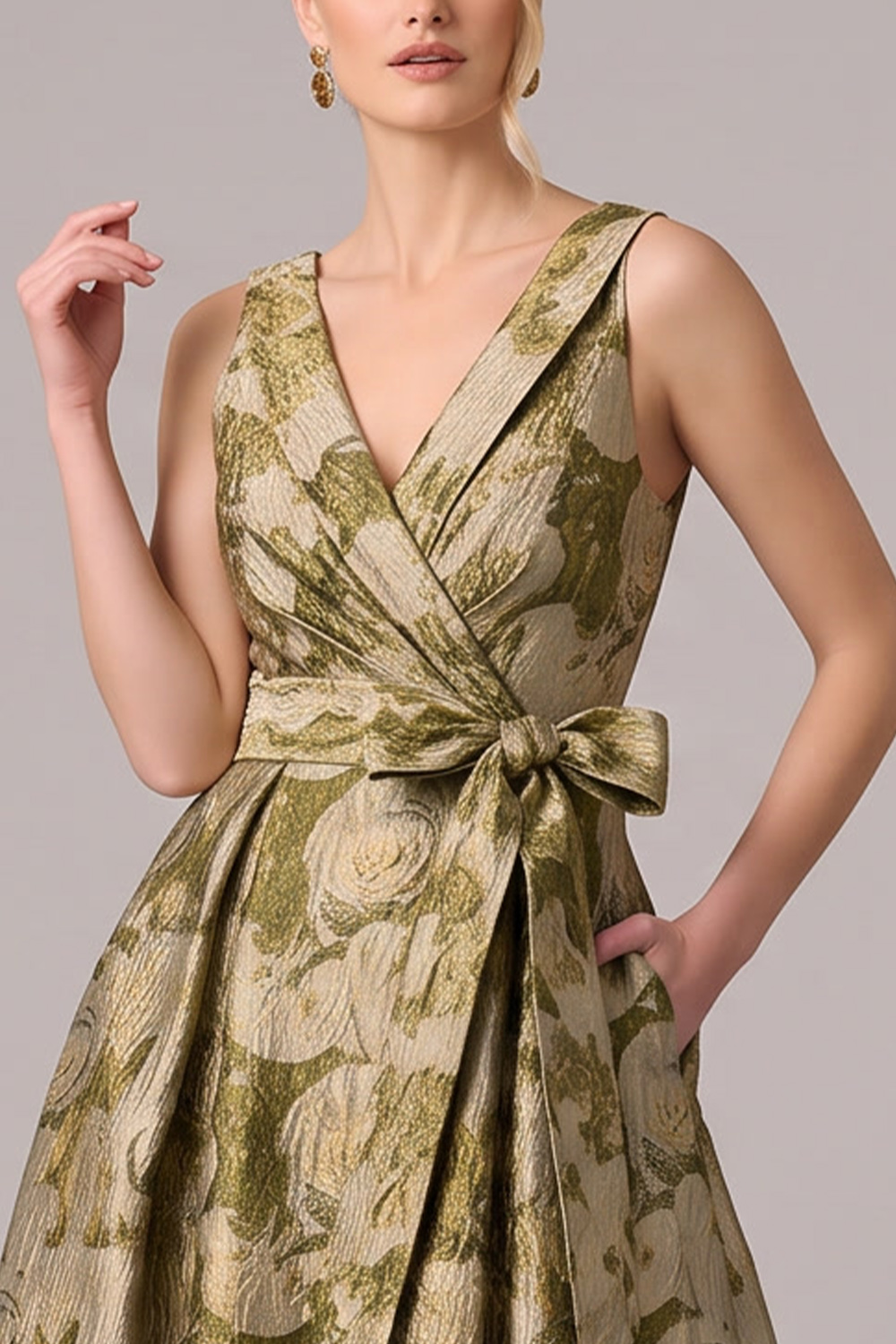 Gold A-Line V-Neck Floral Long Formal Dress with Bow