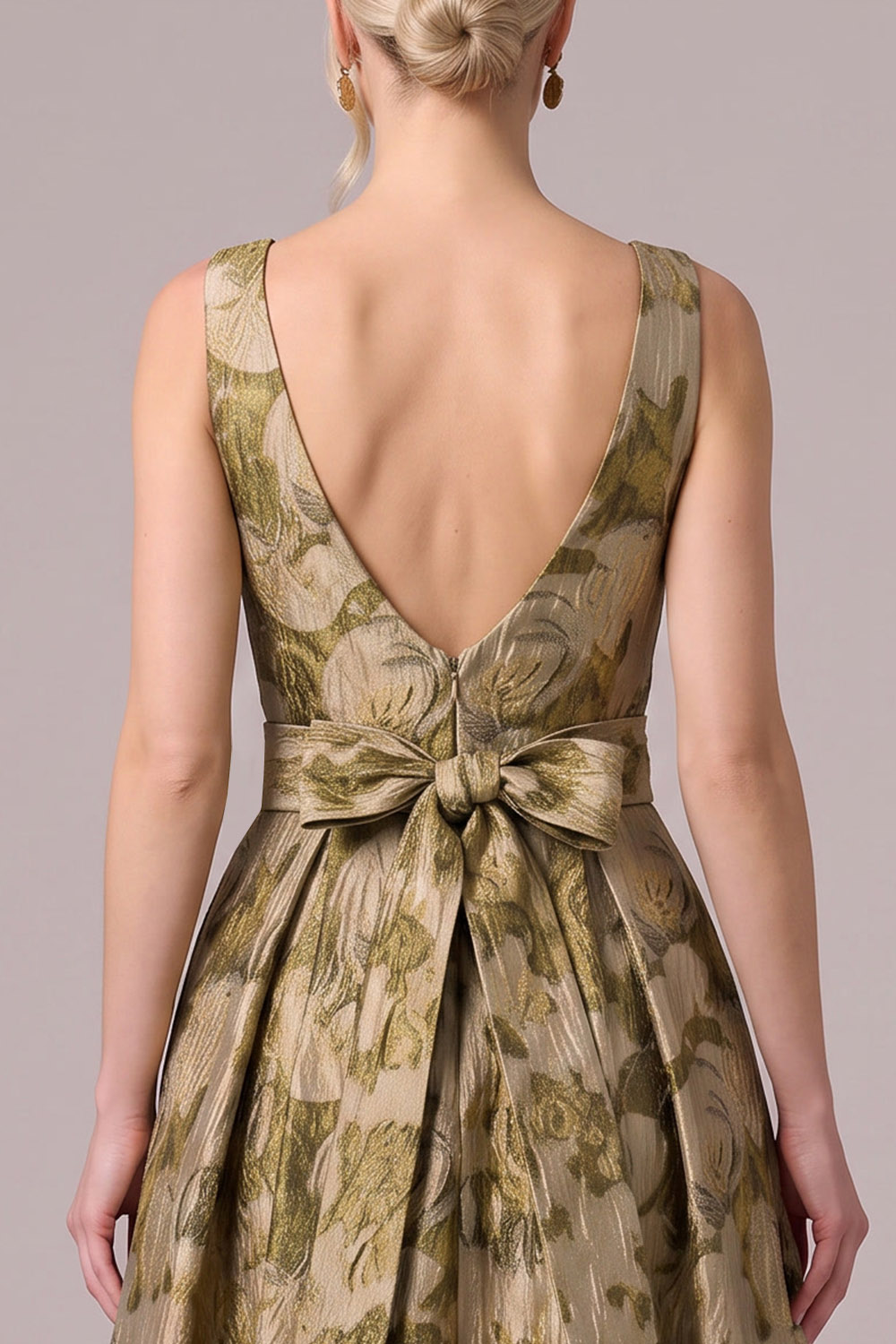 Gold A-Line V-Neck Floral Long Formal Dress with Bow