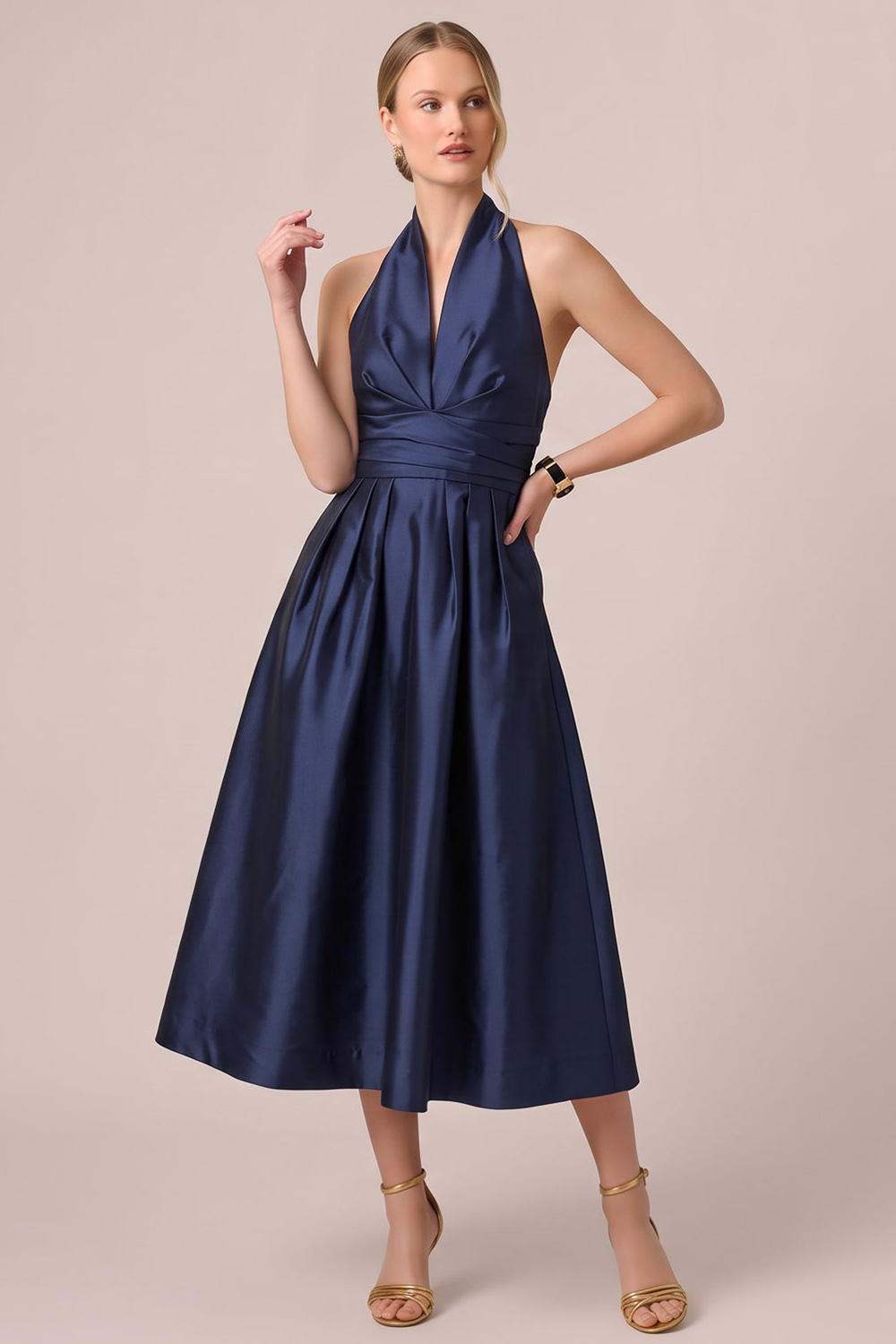 Dark Navy A-Line Halter Ruched Midi Formal Dress