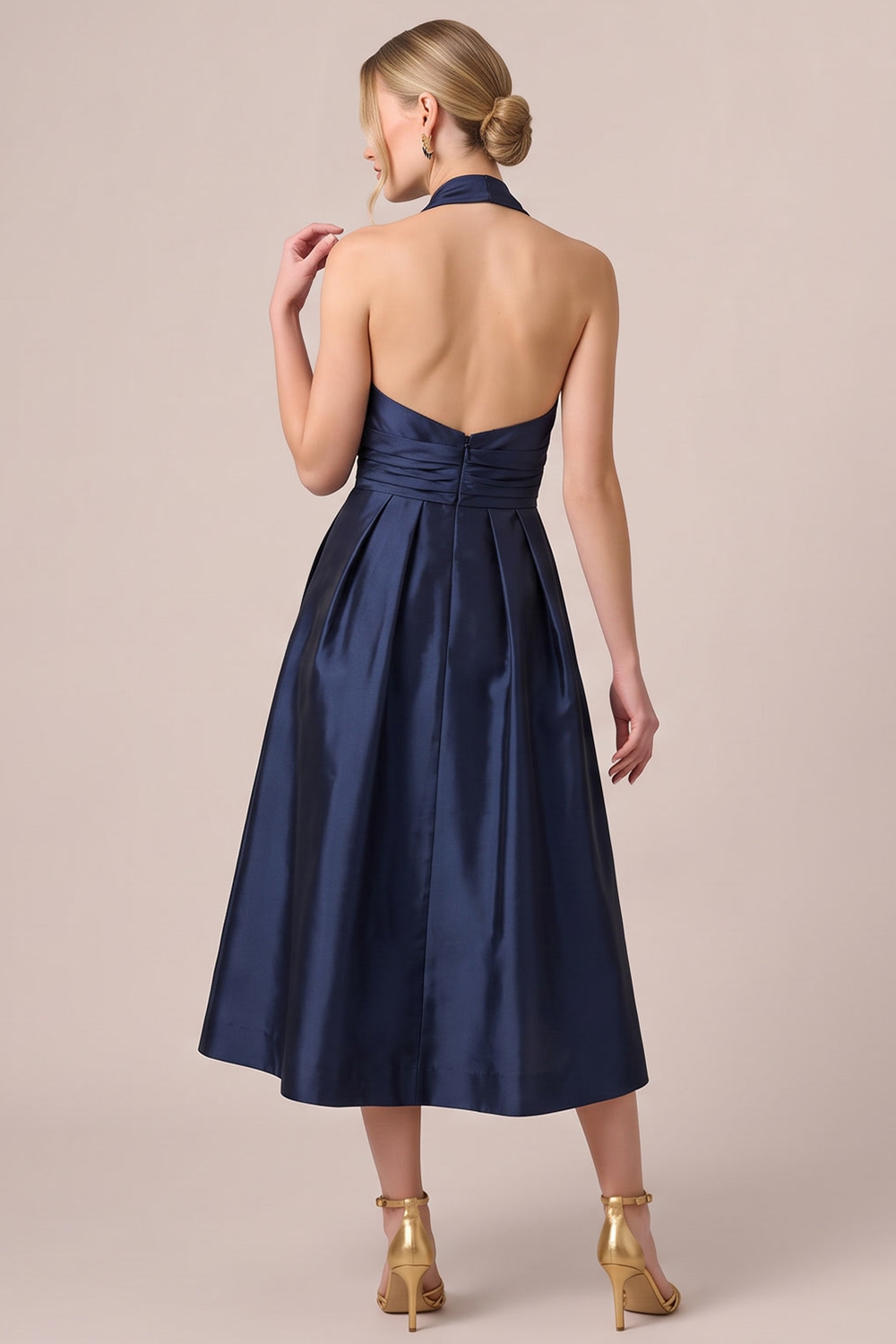 Dark Navy A-Line Halter Ruched Midi Formal Dress