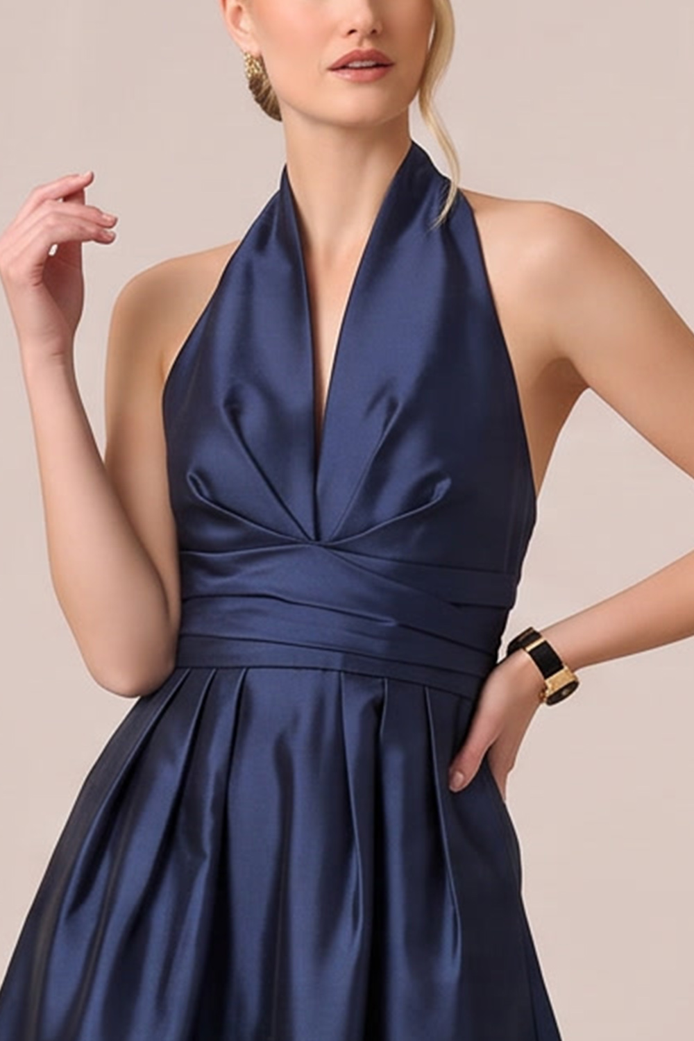 Dark Navy A-Line Halter Ruched Midi Formal Dress