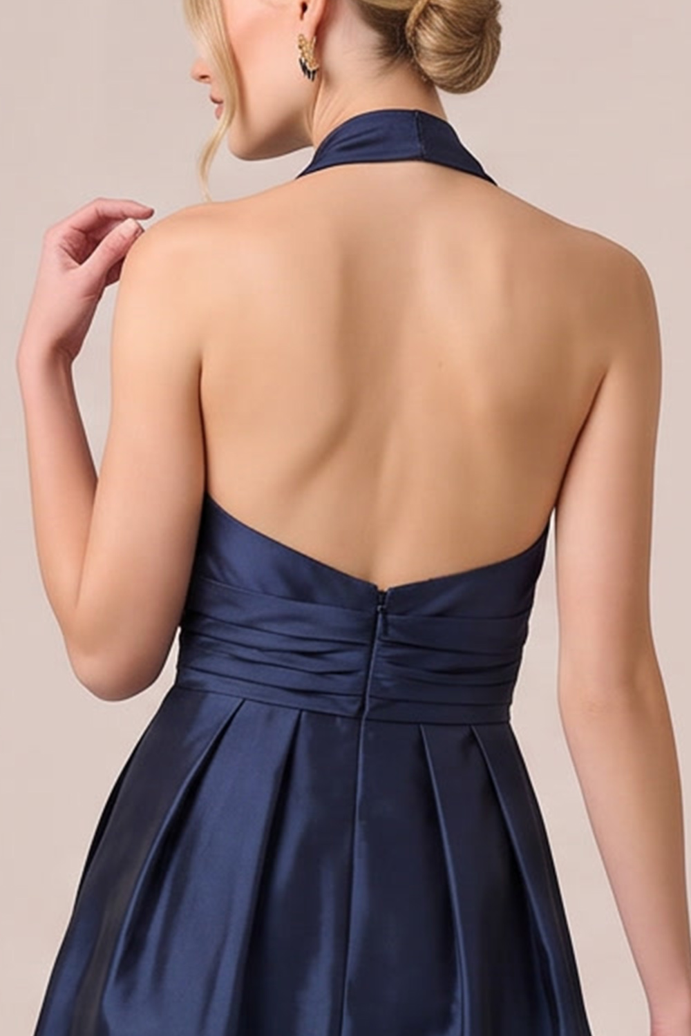 Dark Navy A-Line Halter Ruched Midi Formal Dress