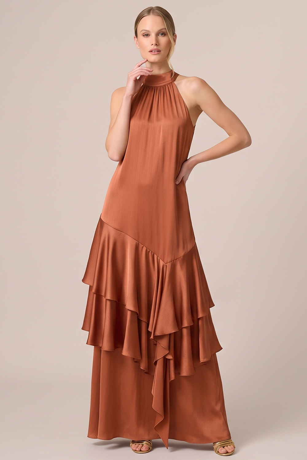 Burnt Orange Satin Halter Tiered Long Formal Dress