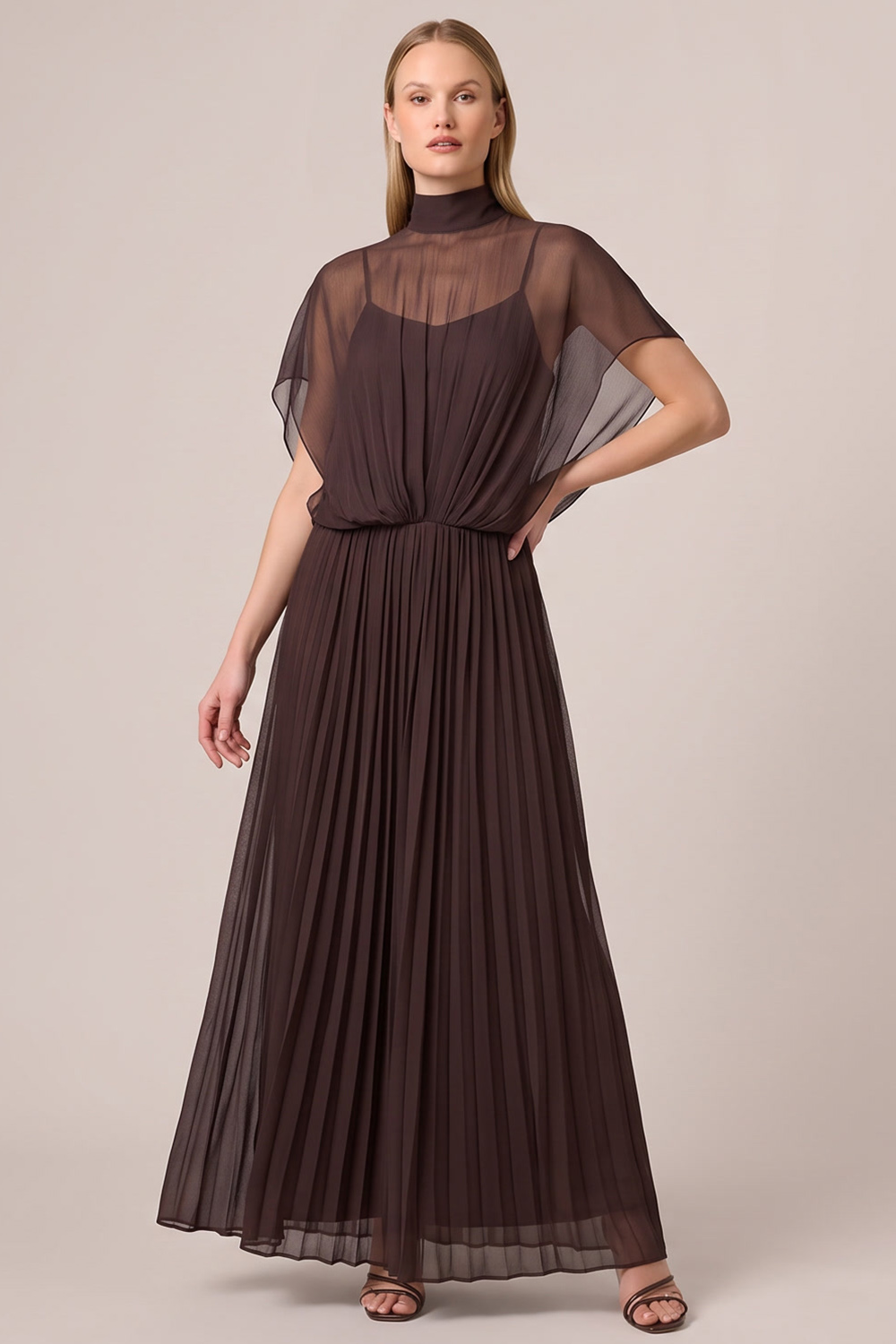 Espresso A-Line High Neck Pleated Long Formal Dress