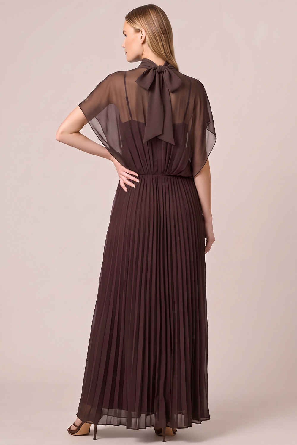 Espresso A-Line High Neck Pleated Long Formal Dress