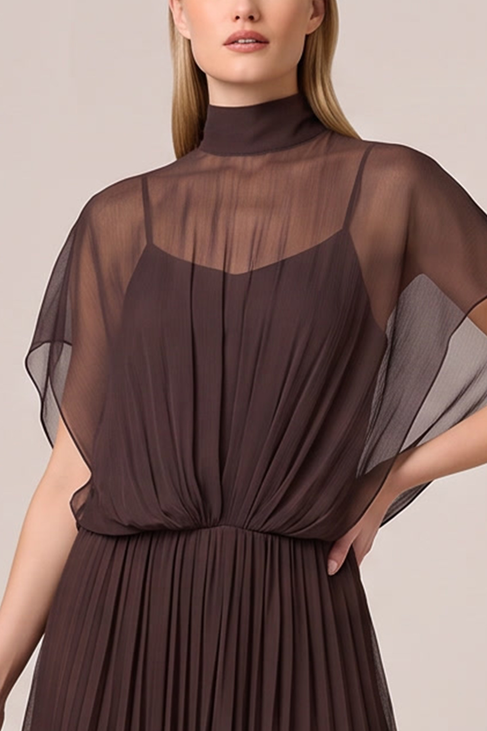 Espresso A-Line High Neck Pleated Long Formal Dress