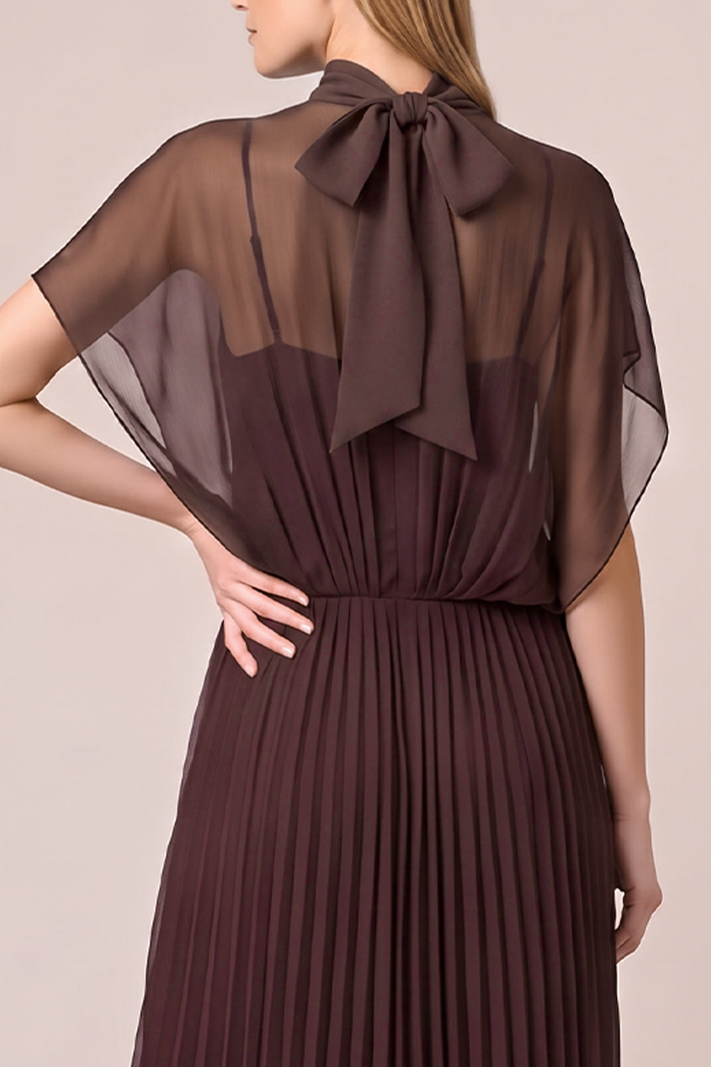 Espresso A-Line High Neck Pleated Long Formal Dress