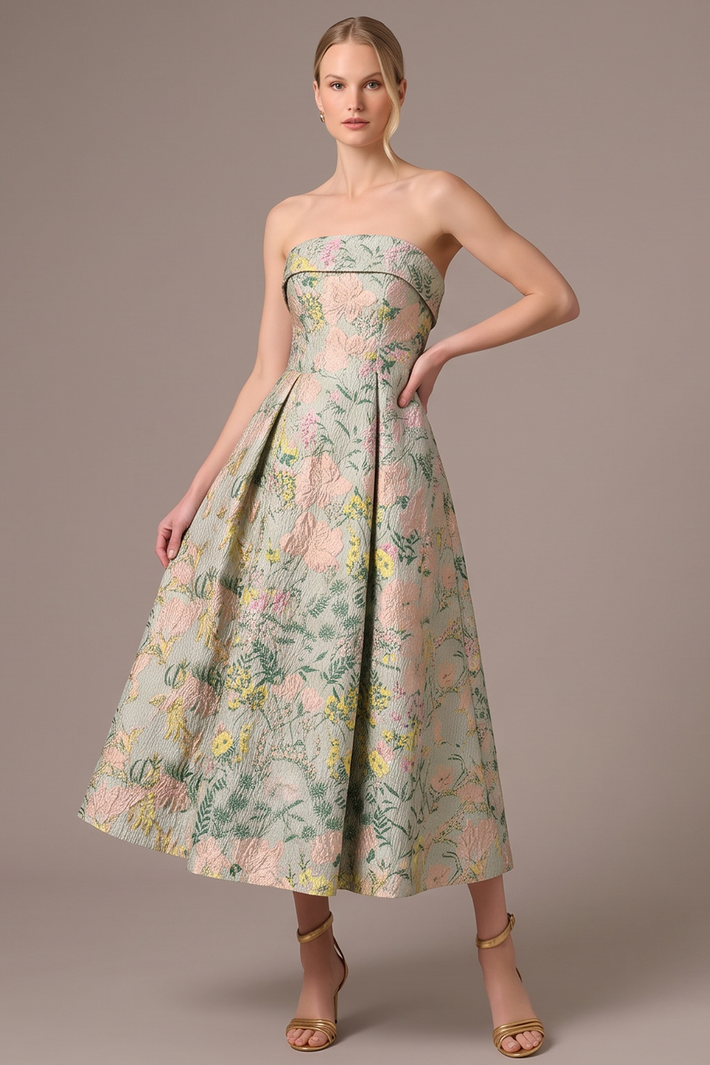 Green A-Line Strapless Long Floral Formal Dress