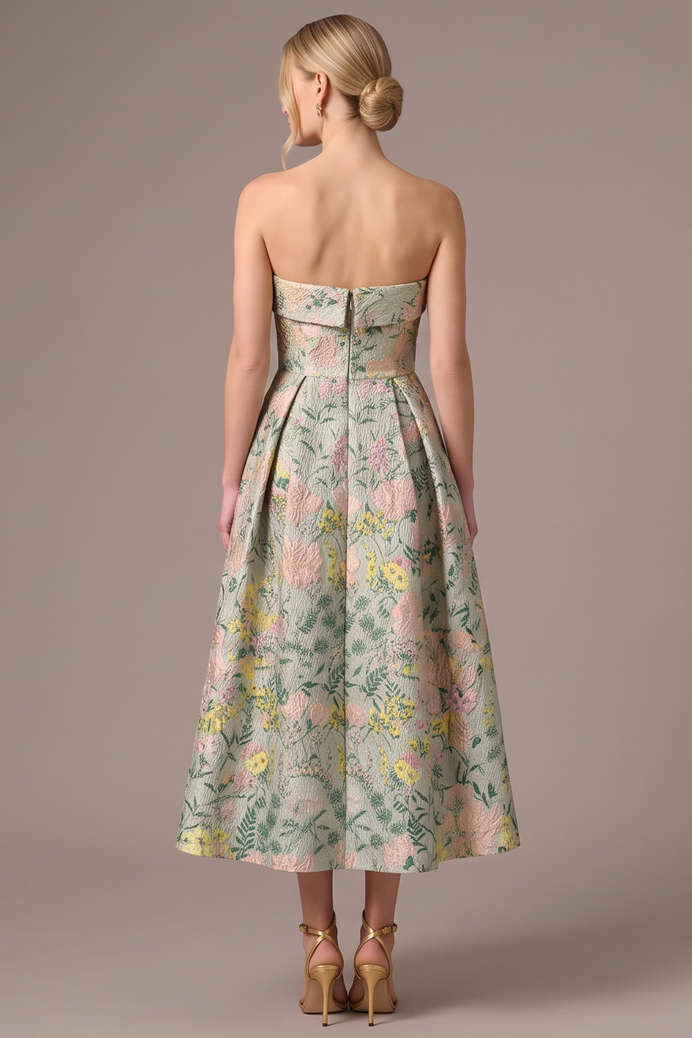 Green A-Line Strapless Long Floral Formal Dress