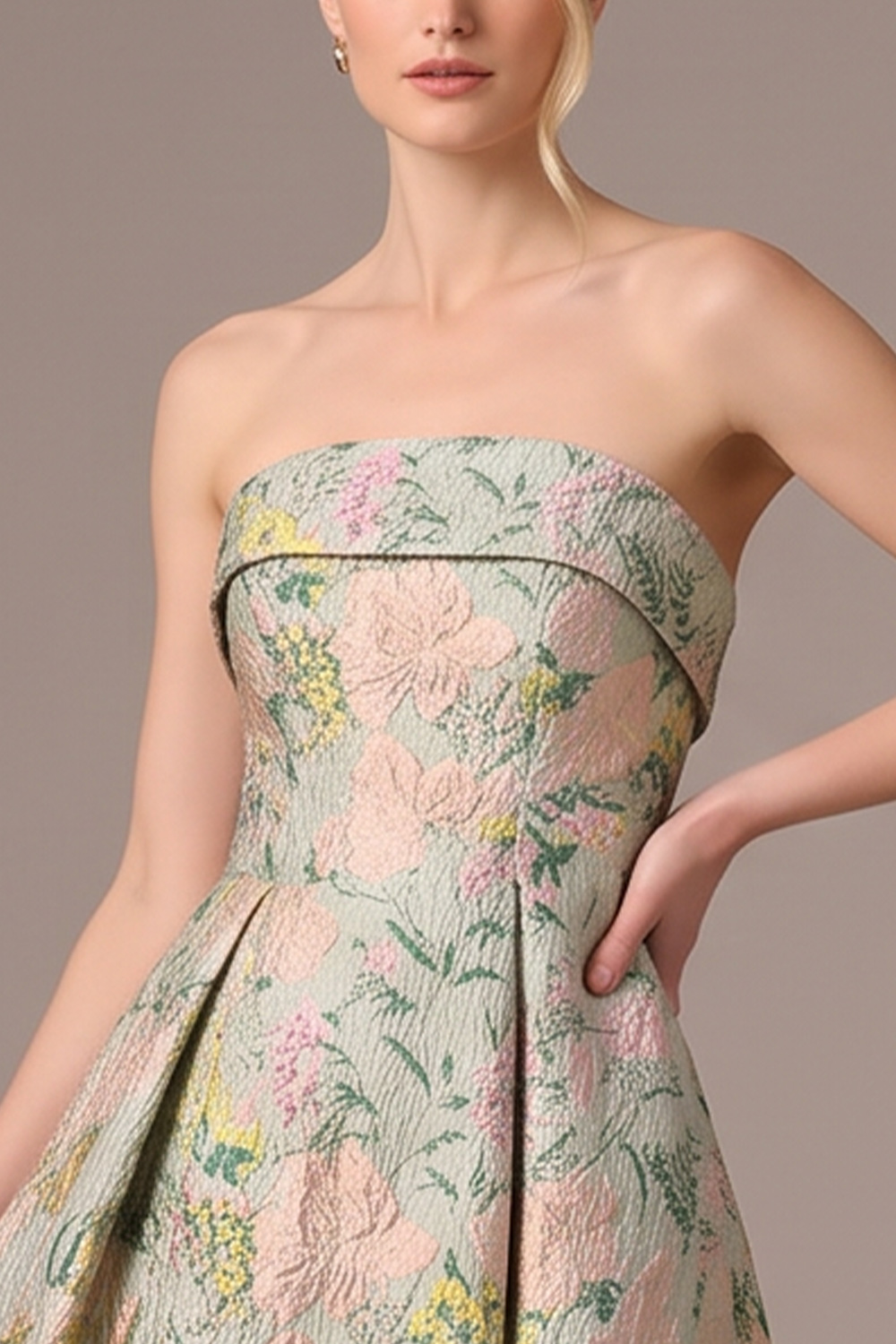 Green A-Line Strapless Long Floral Formal Dress