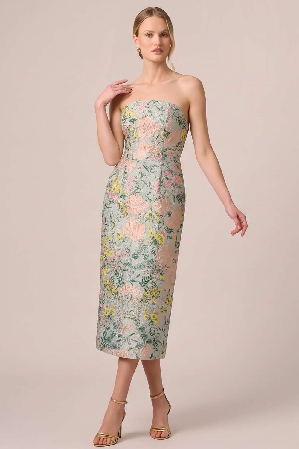 Green Floral Sheath Strapless Midi Formal Dress