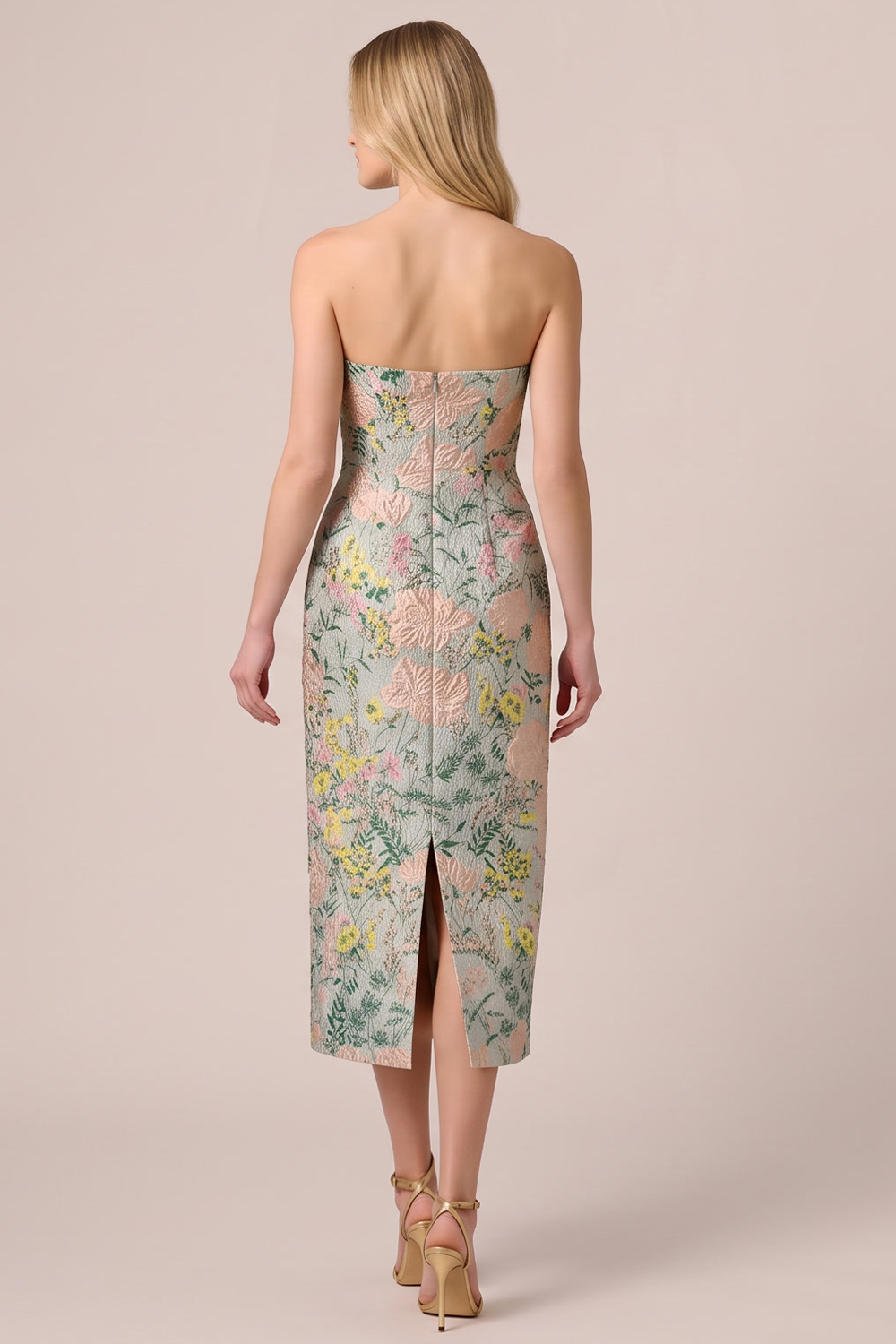 Green Floral Sheath Strapless Midi Formal Dress