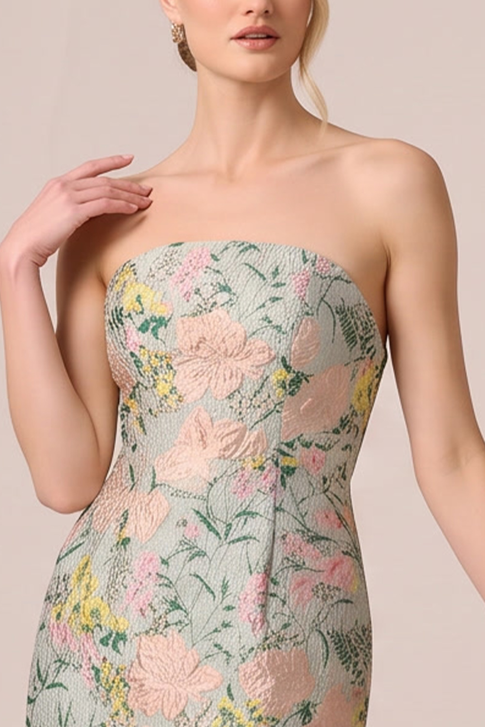 Green Floral Sheath Strapless Midi Formal Dress
