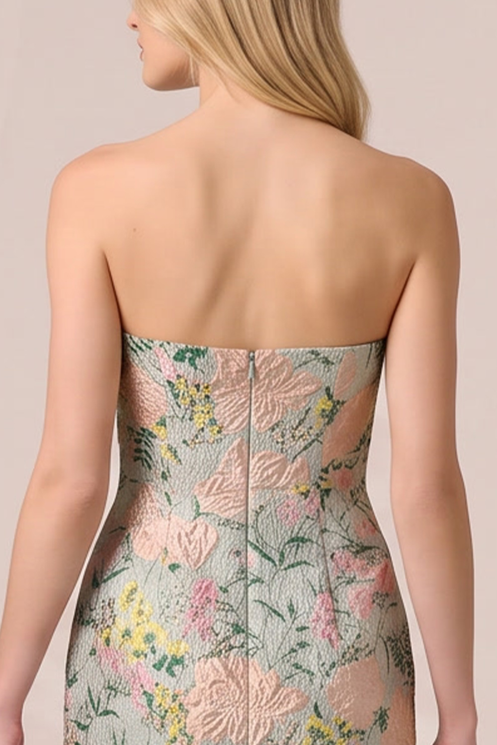 Green Floral Sheath Strapless Midi Formal Dress