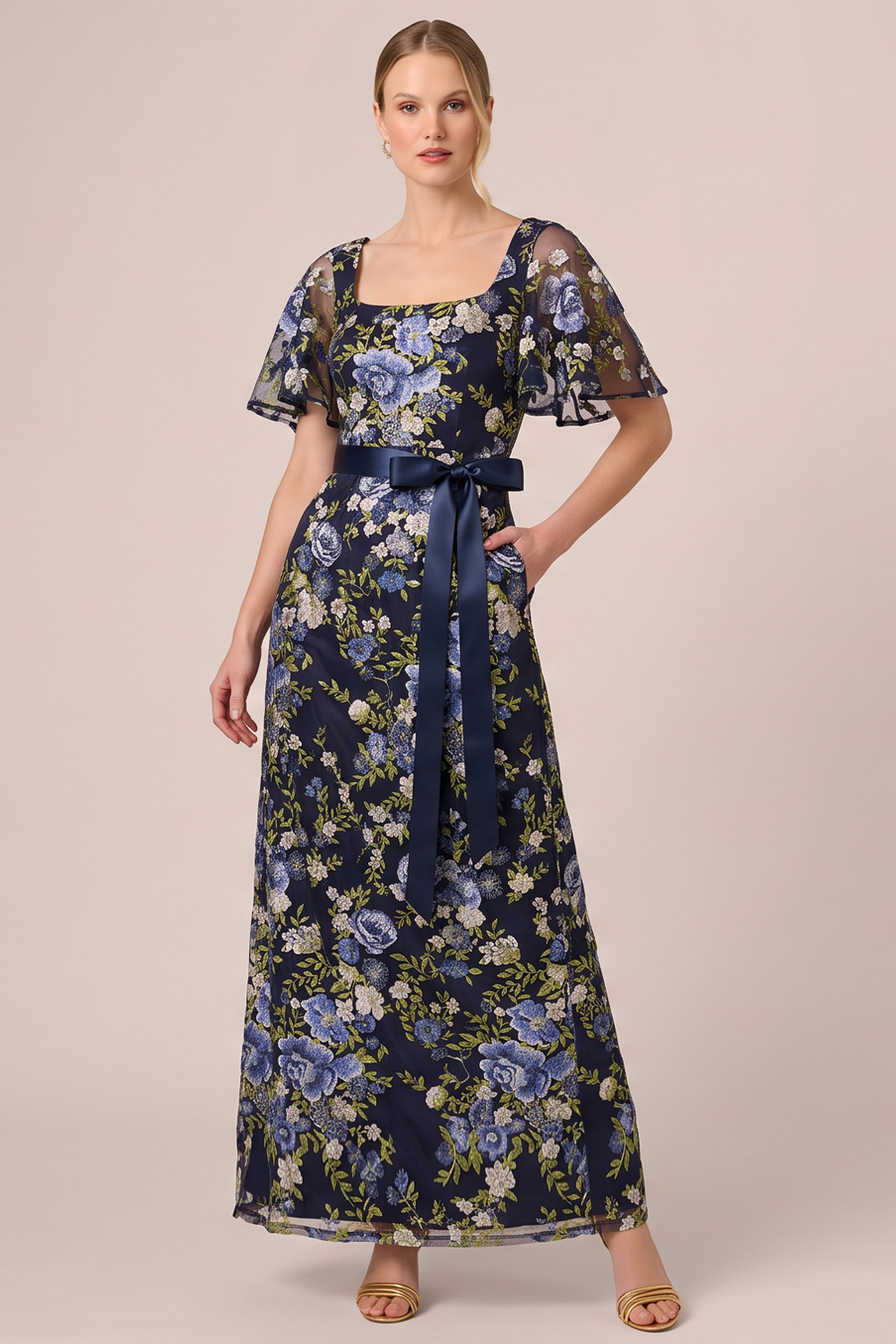 Navy Floral A-Line Square Neck Long Formal Dress with Bow