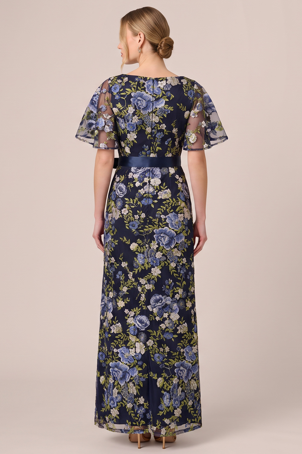 Navy Floral A-Line Square Neck Long Formal Dress with Bow
