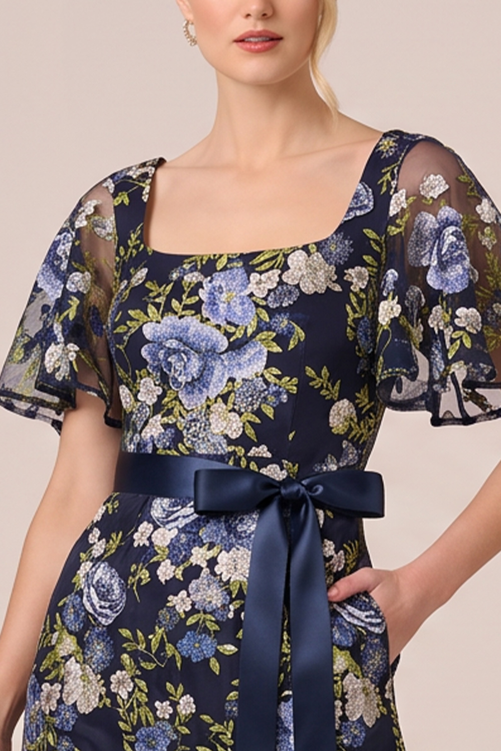 Navy Floral A-Line Square Neck Long Formal Dress with Bow