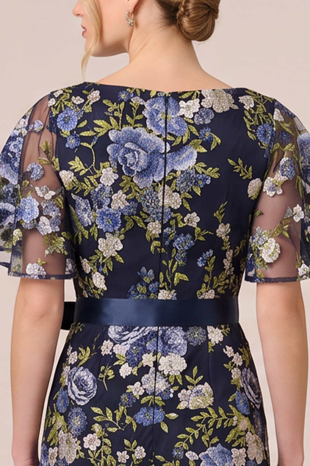 Navy Floral A-Line Square Neck Long Formal Dress with Bow
