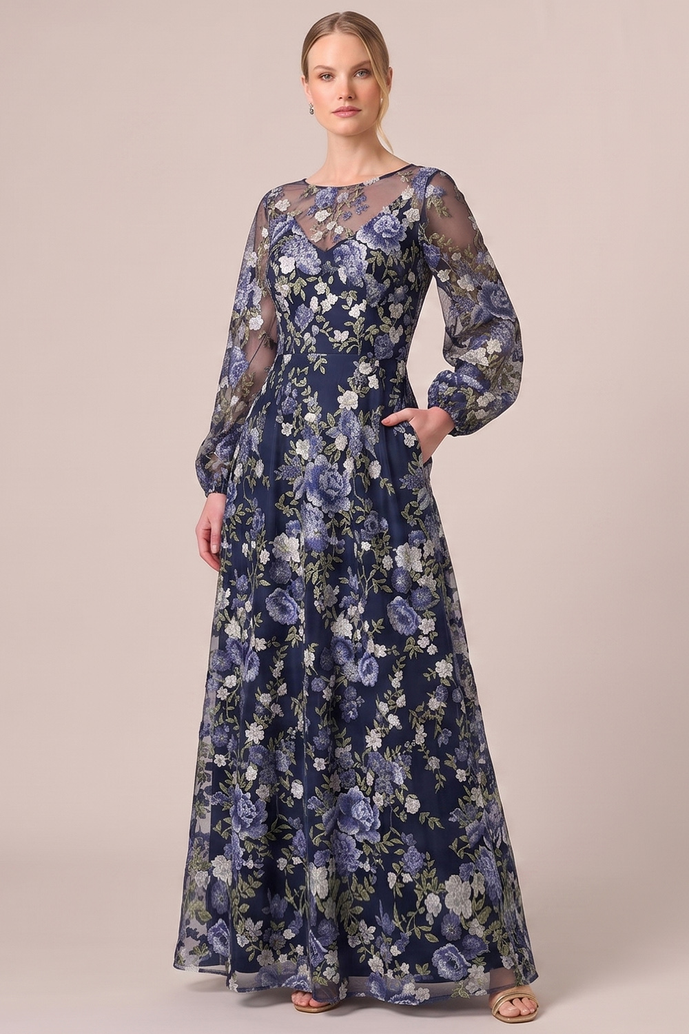Navy A-Line Illusion Round Neck Floral Long Formal Dress with Pocket