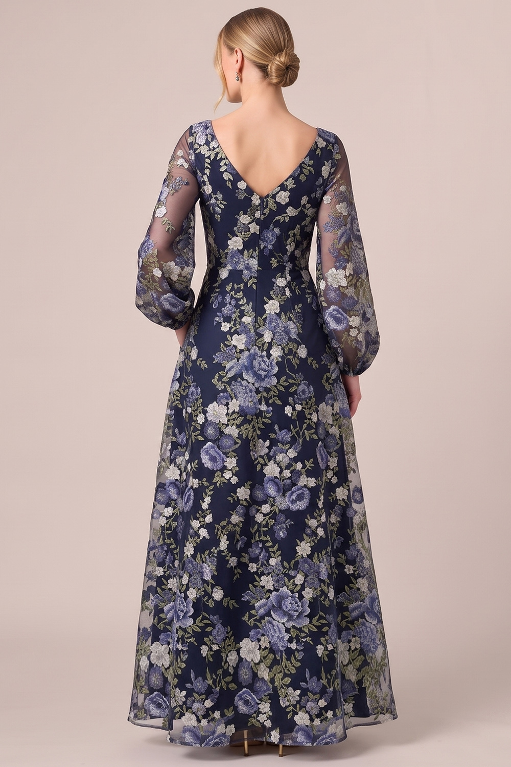 Navy A-Line Illusion Round Neck Floral Long Formal Dress with Pocket