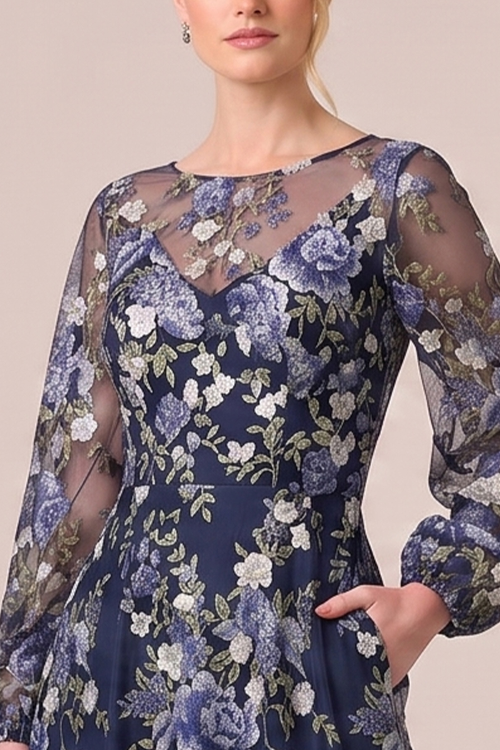 Navy A-Line Illusion Round Neck Floral Long Formal Dress with Pocket