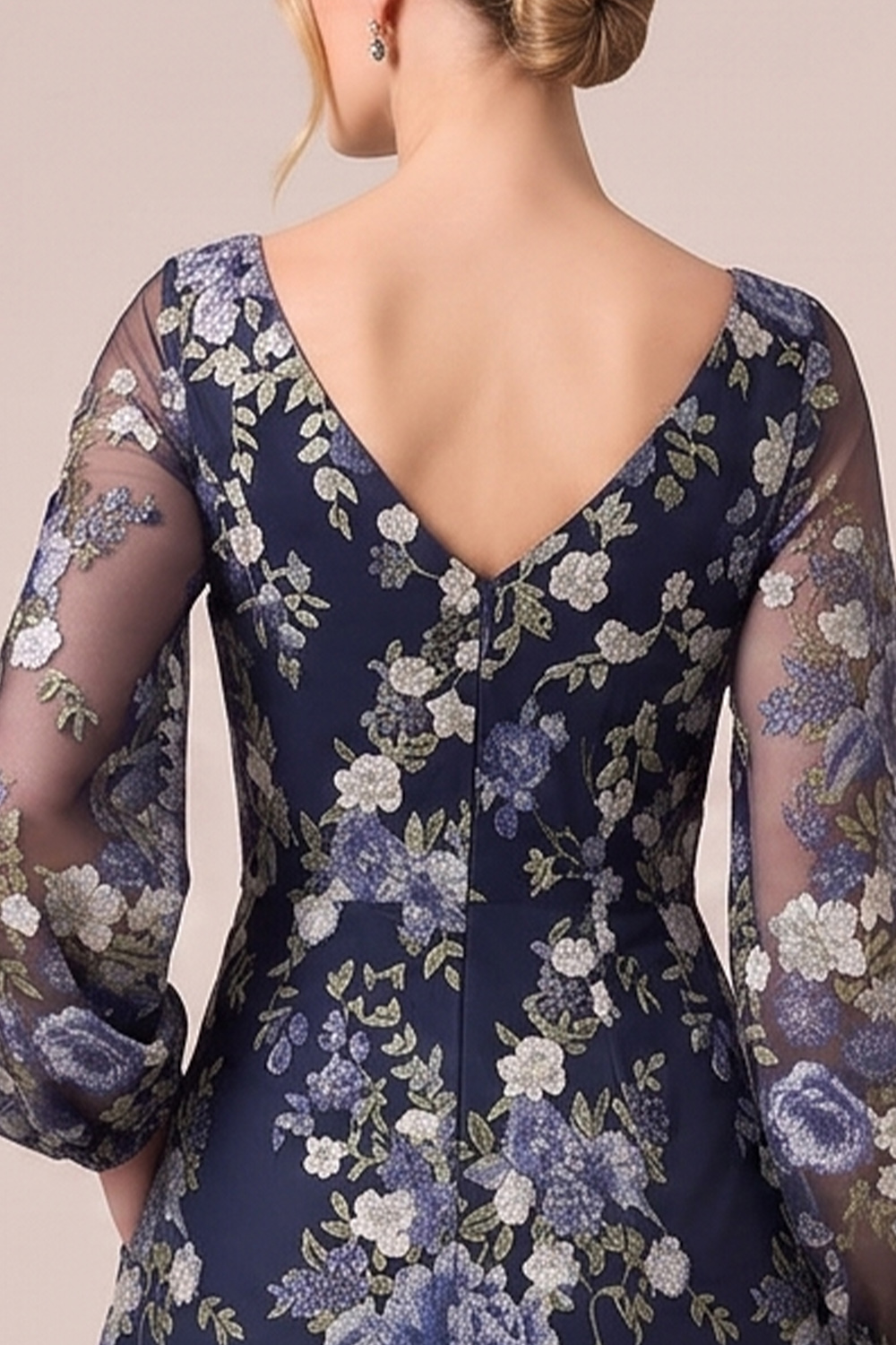 Navy A-Line Illusion Round Neck Floral Long Formal Dress with Pocket