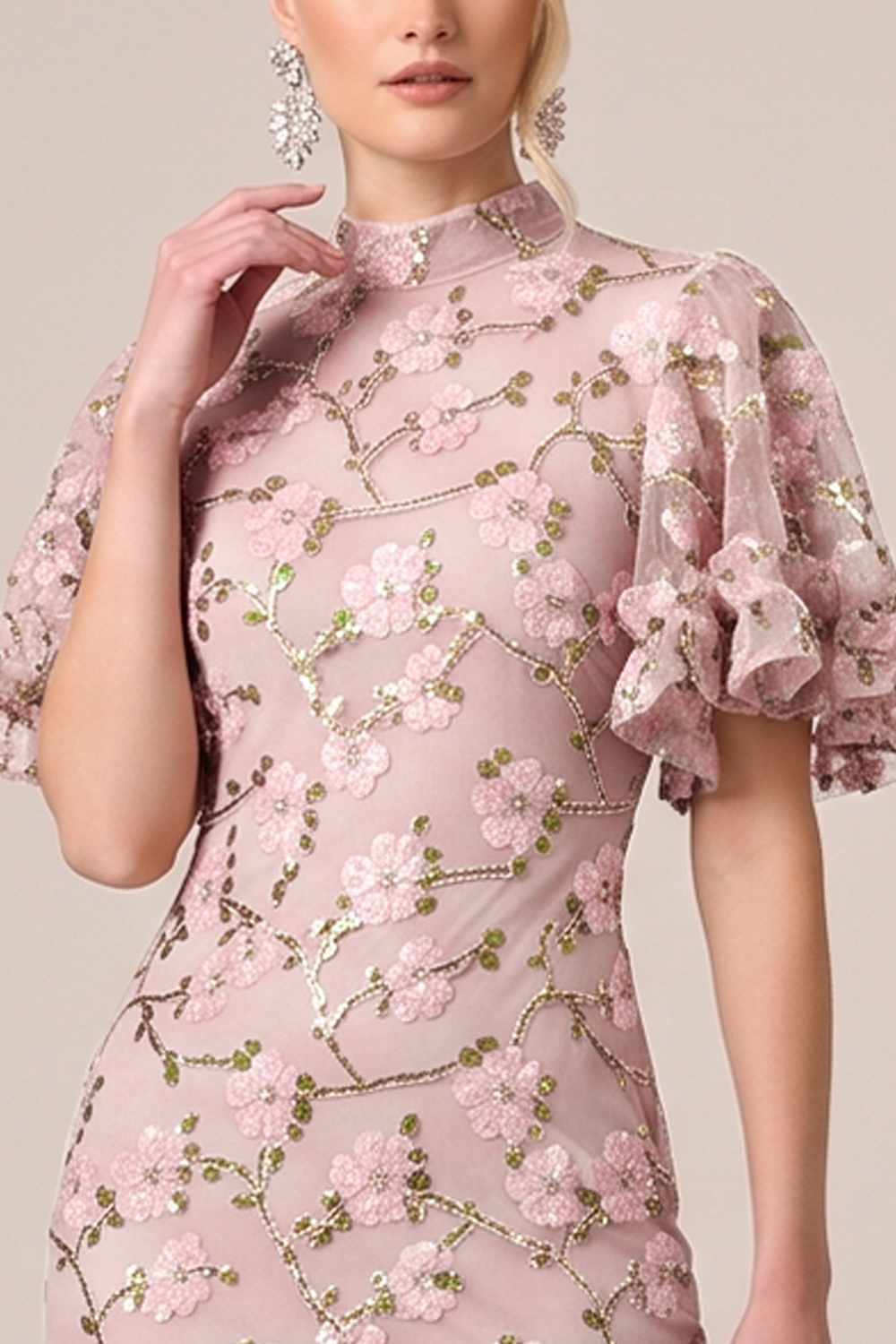 Dusty Rose Floral Mermaid High Neck Long Formal Dress