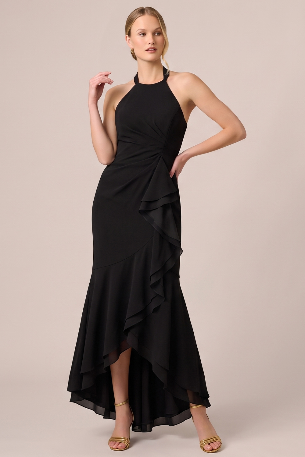 Mermaid Black Ruffled Ruched Halter High-Low Wedding Guest Dress
