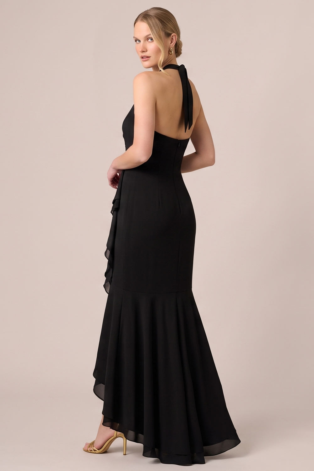 Mermaid Black Ruffled Ruched Halter High-Low Wedding Guest Dress