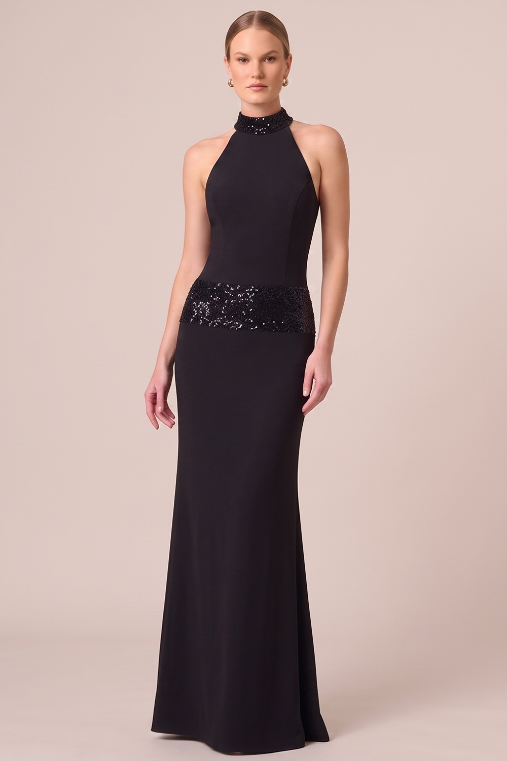 Black Sheath High Neck Long Formal Dress with Sequins