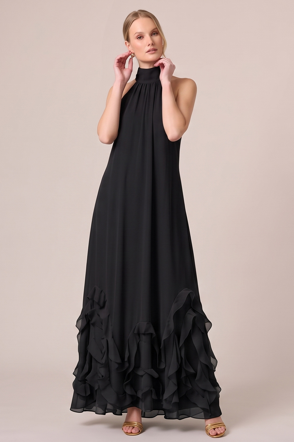 Fuchsia A-Line Halter Ruffled Long Formal Dress