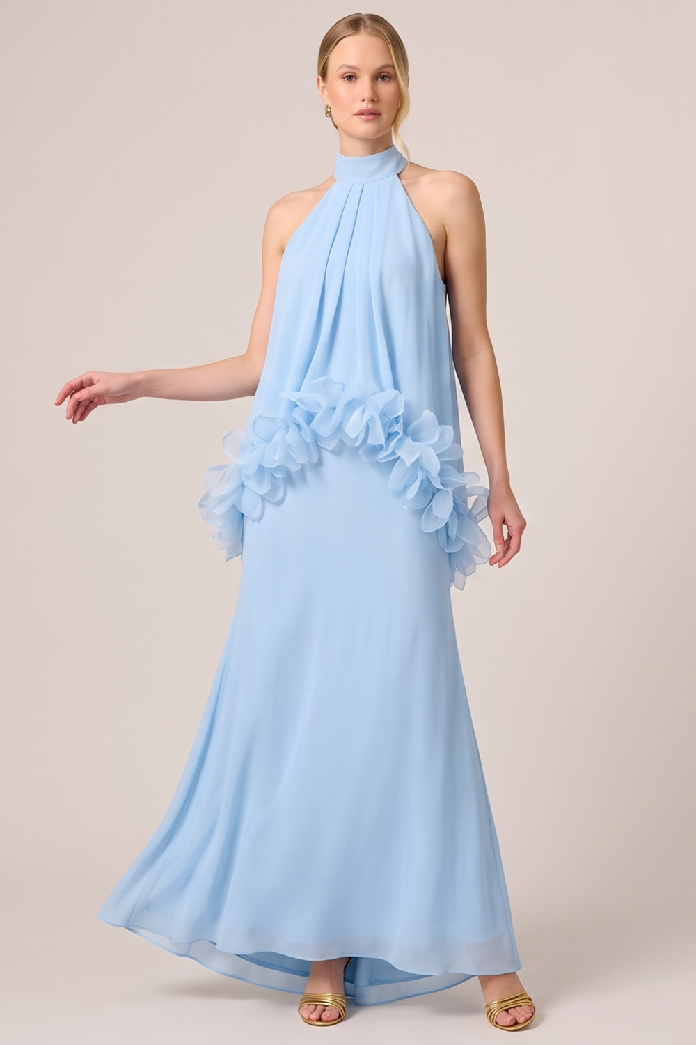 Light Blue Sheath Halter Long Formal Dress with 3D Flower