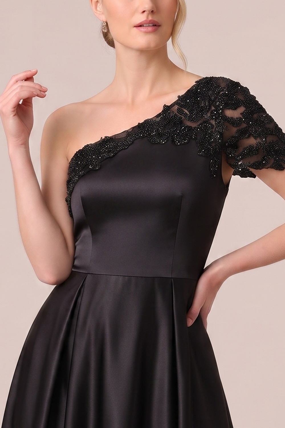 Black A-Line One Shoulder Satin Long Formal Dress with Beading