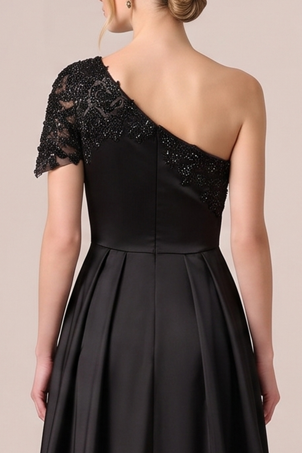 Black A-Line One Shoulder Satin Long Formal Dress with Beading