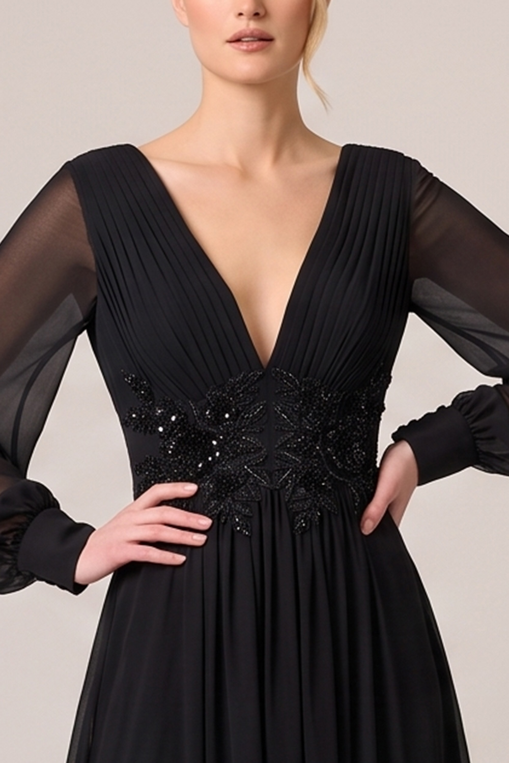 Black A-Line V-Neck Ruched Long Formal Dress with Sequins