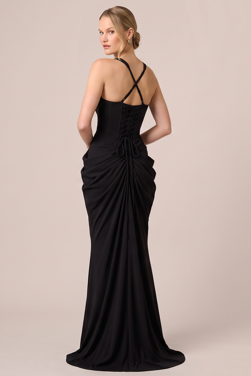 Black Thick Straps Ruched Long Formal Dress