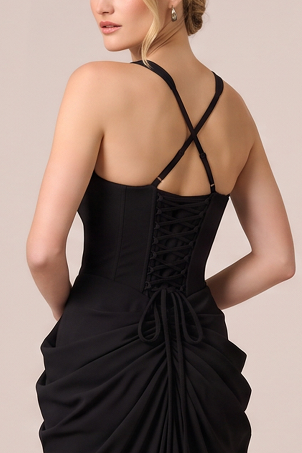 Black Thick Straps Ruched Long Formal Dress