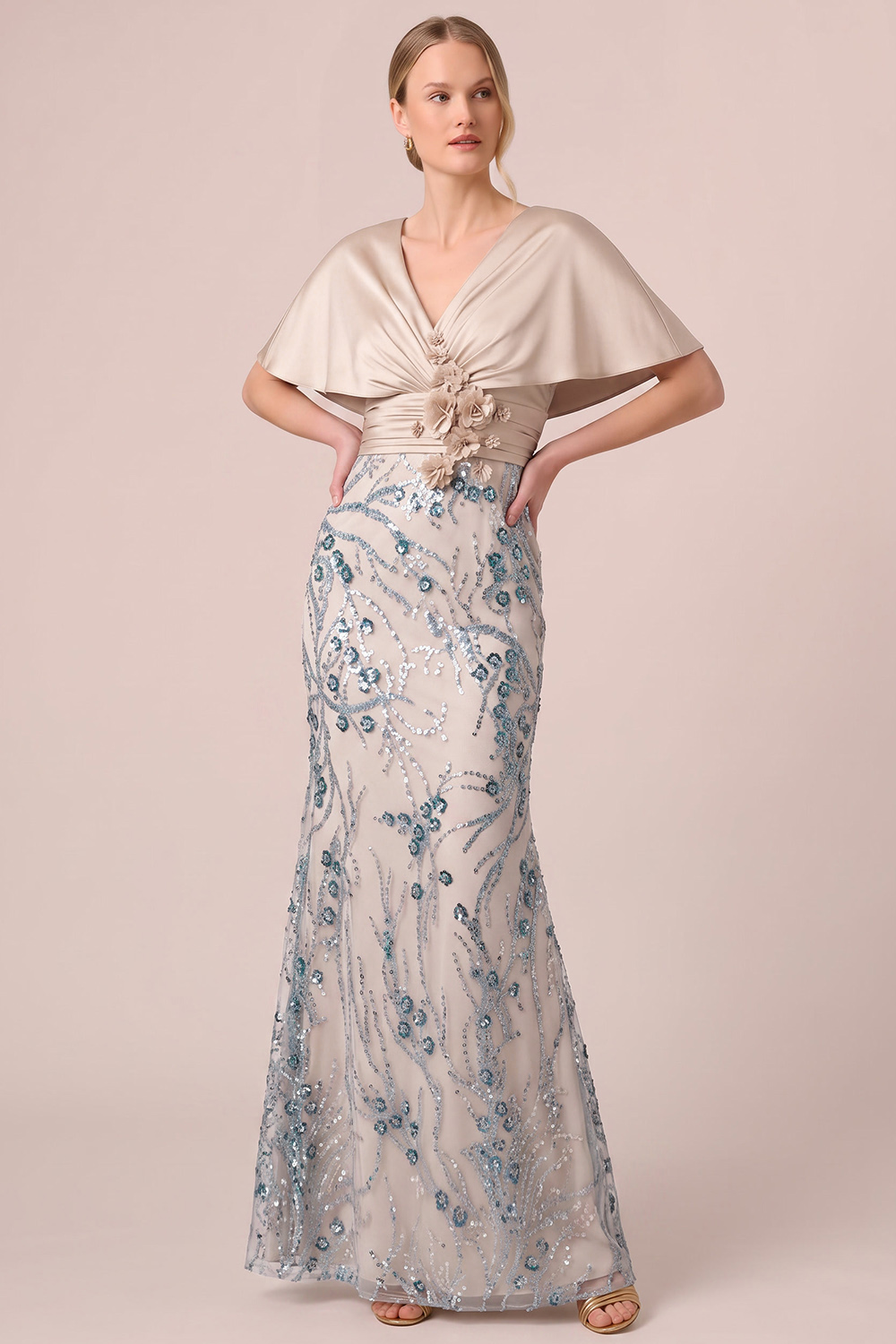  Sparkly Champagne Ruched Sequin Long Evening Dress with 3D Flowers