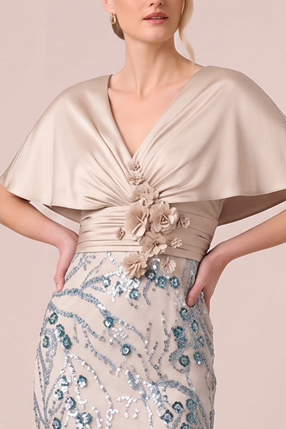  Sparkly Champagne Ruched Sequin Long Evening Dress with 3D Flowers