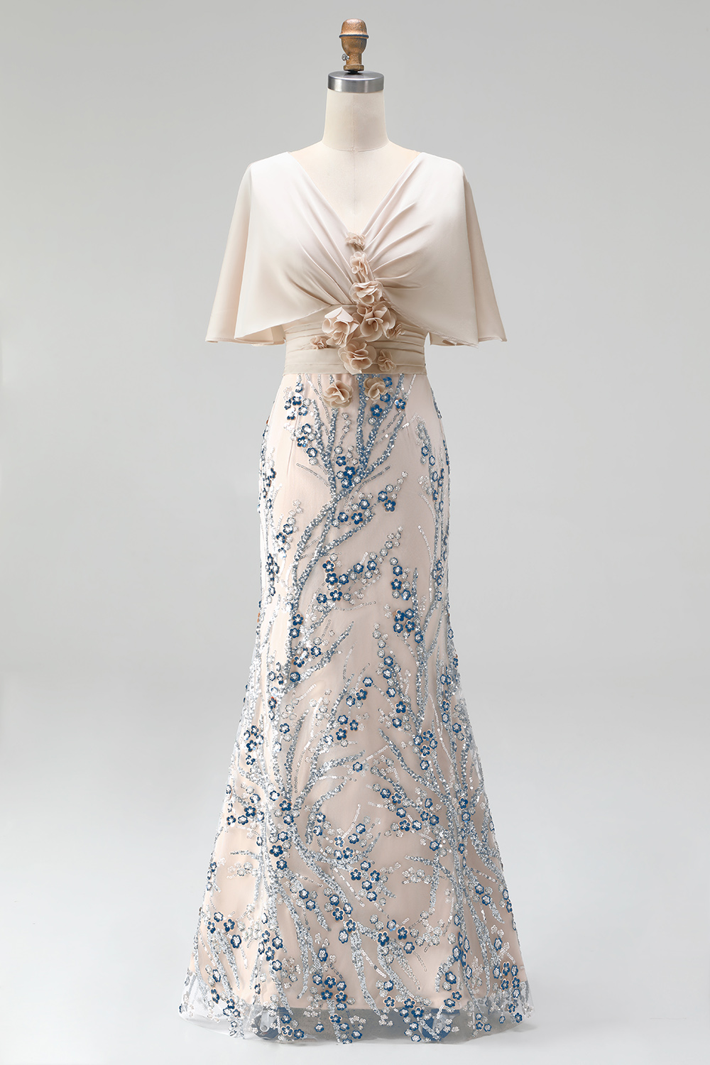  Sparkly Champagne Ruched Sequin Long Evening Dress with 3D Flowers