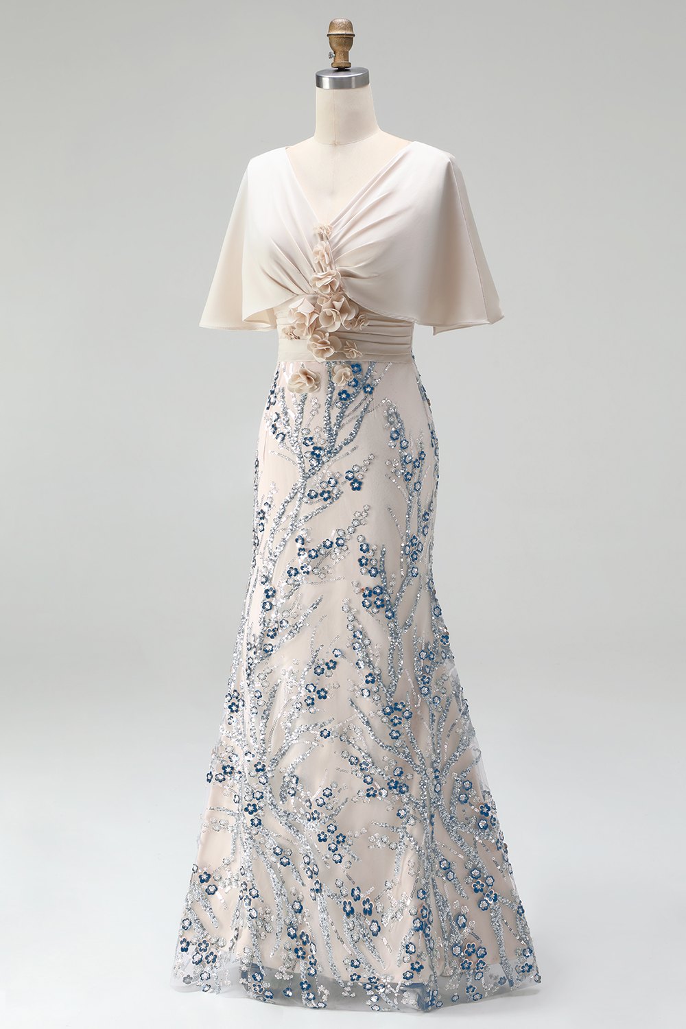  Sparkly Champagne Ruched Sequin Long Evening Dress with 3D Flowers