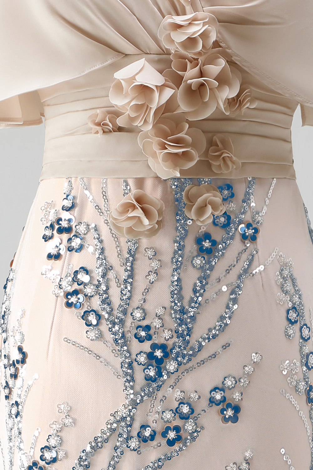  Sparkly Champagne Ruched Sequin Long Evening Dress with 3D Flowers