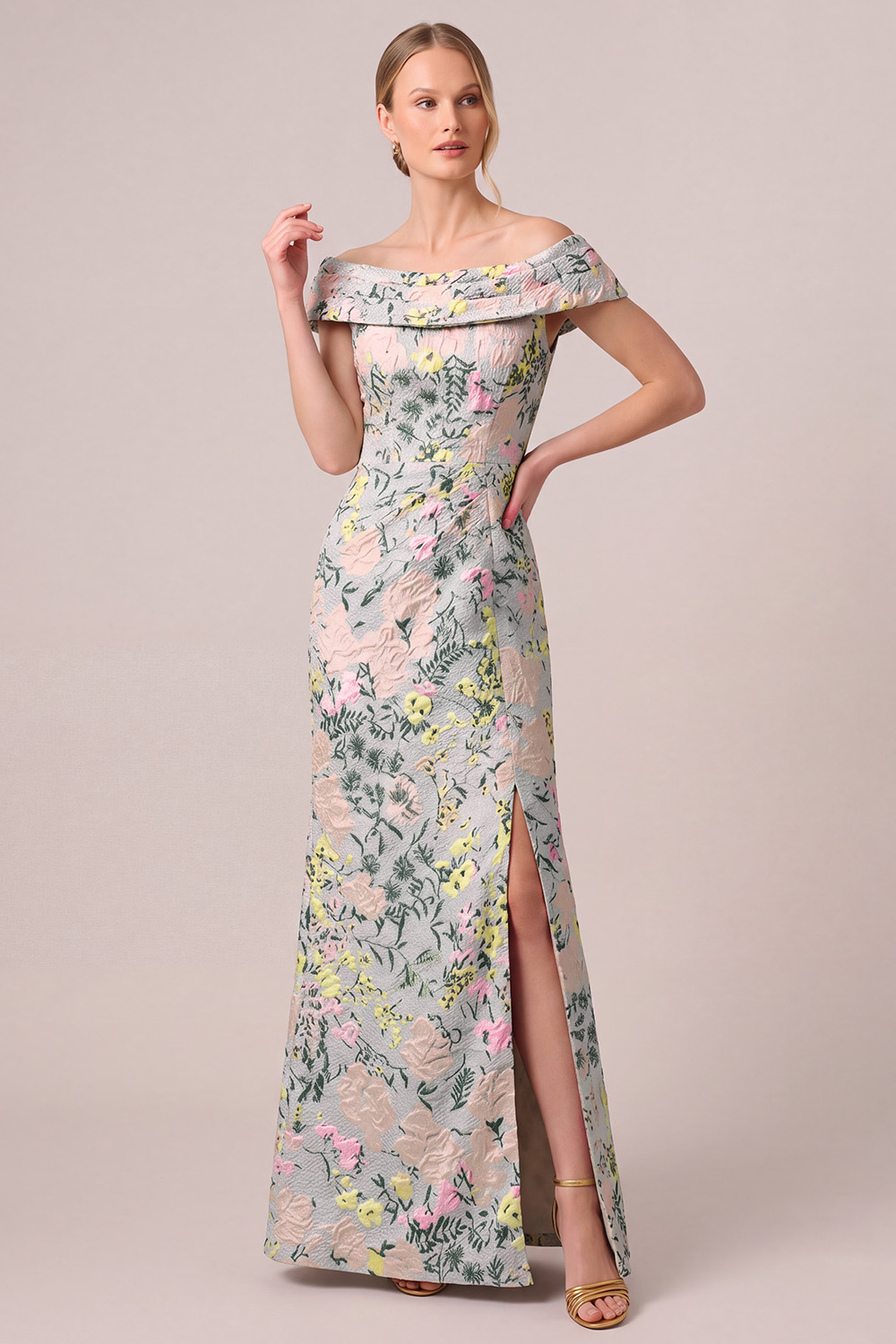 Floral Green Jacquard Wedding Guest Dress with Slit