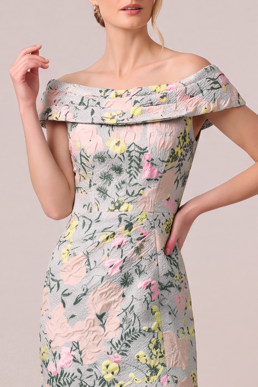 Floral Green Jacquard Wedding Guest Dress with Slit