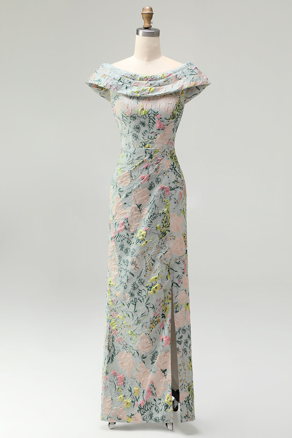 Floral Green Jacquard Wedding Guest Dress with Slit