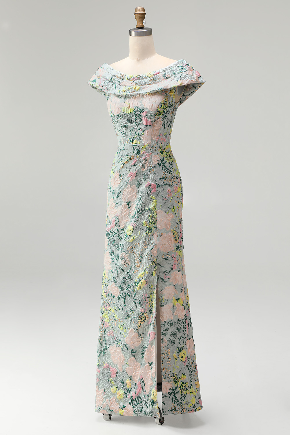 Floral Green Jacquard Wedding Guest Dress with Slit