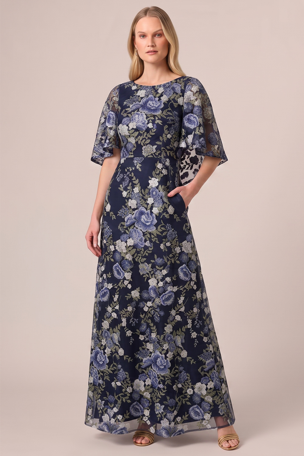 Navy FloralA-Line Round Neck Long Formal Dress with Pockets