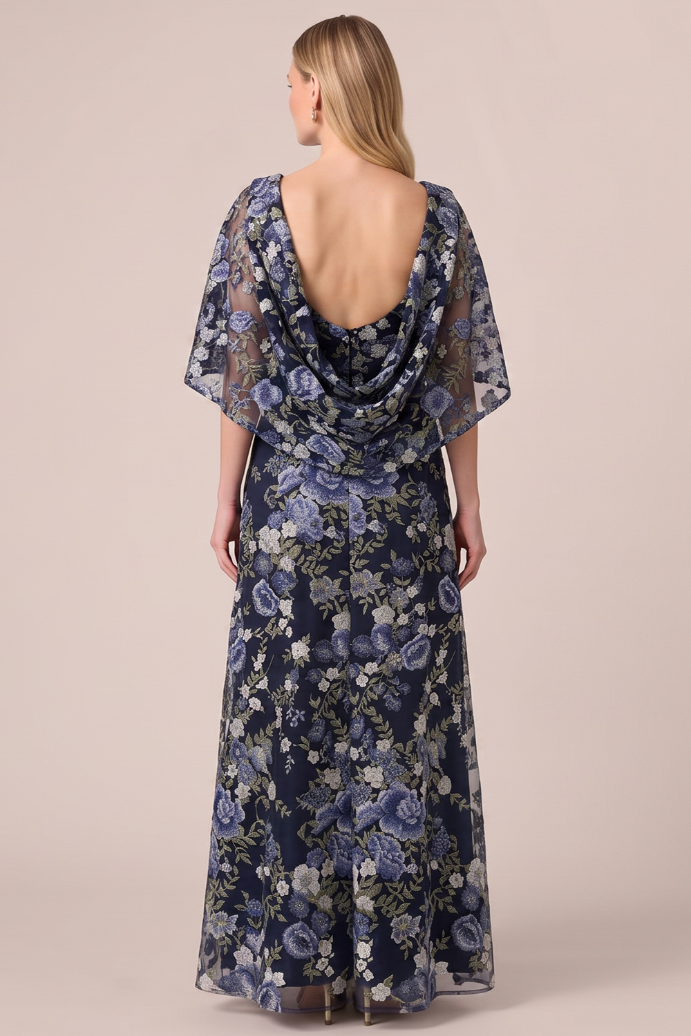 Navy FloralA-Line Round Neck Long Formal Dress with Pockets